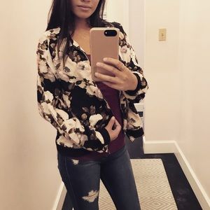 Floral zippered bomber jacket